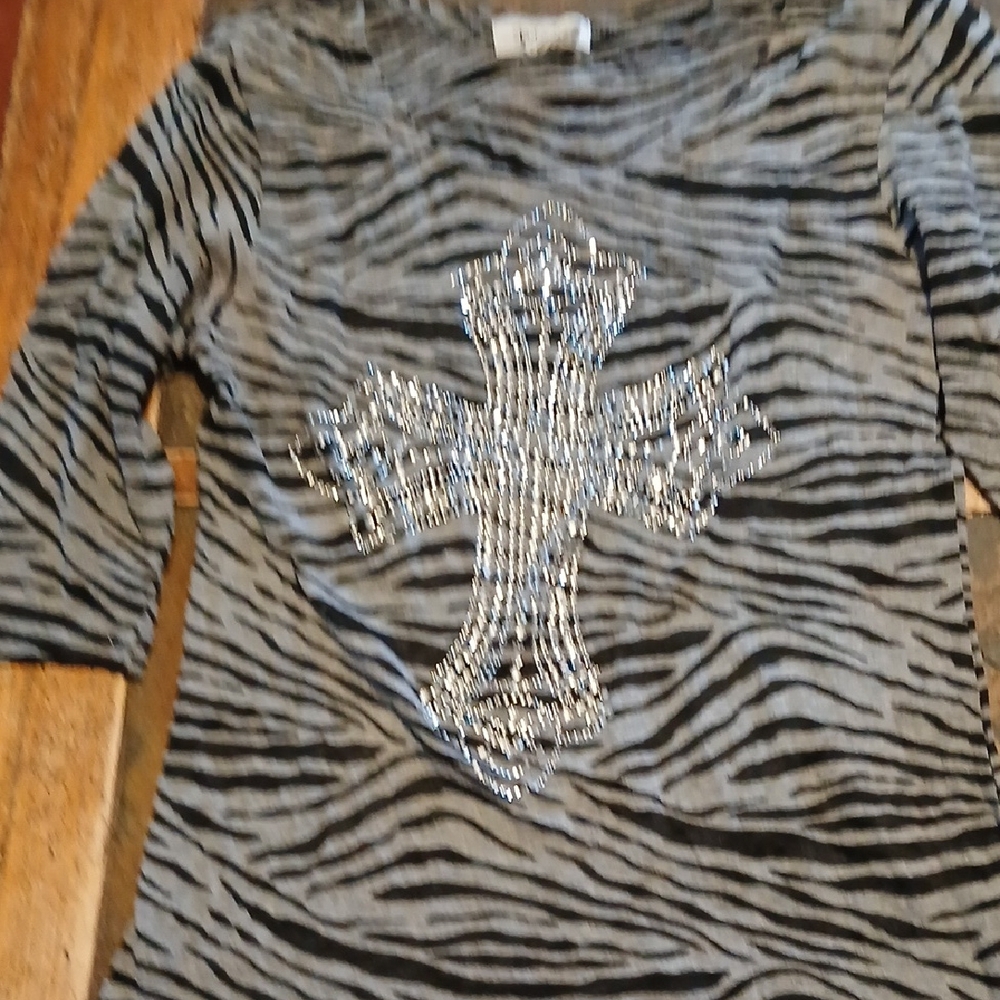 Lady Noiz Zebra Print Long Sleeve Tee with Rhinestone Cross